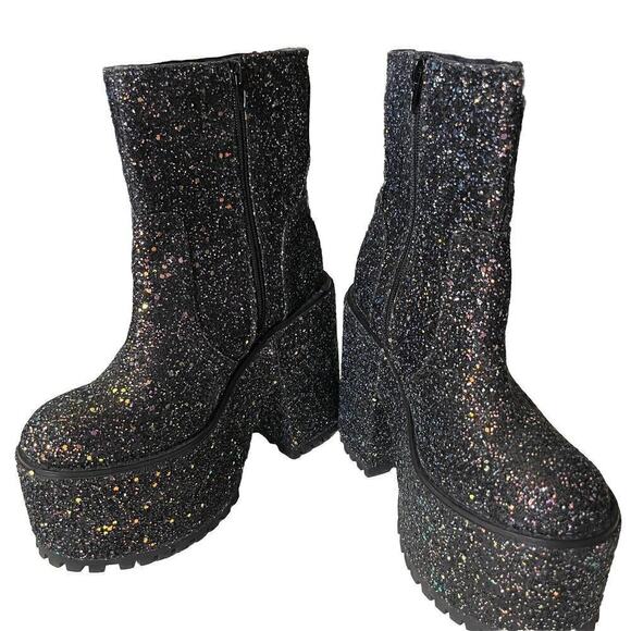 YRU Shoes - NEW YRU Krush Black Glitter Women’s Platform Boots Size 8.5 Punk Goth Rave EDM
